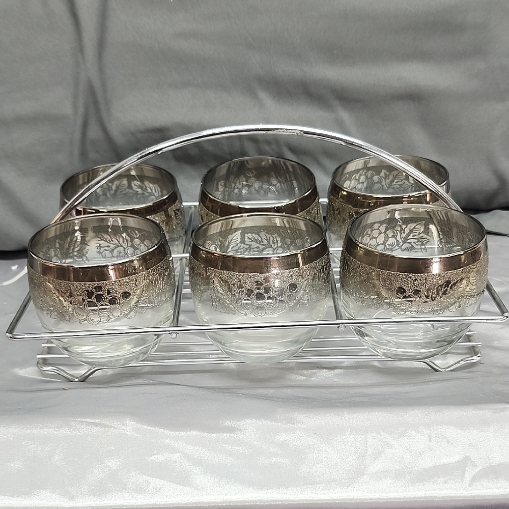 Royal Silver Madeira Roly Poly Glasses Set of 6 w Caddy Mid Century Mercury
